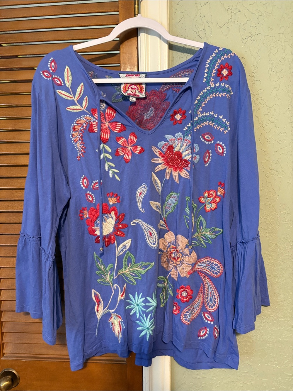 Johnny Was Blue Embroidered Floral V-Neck Tunic